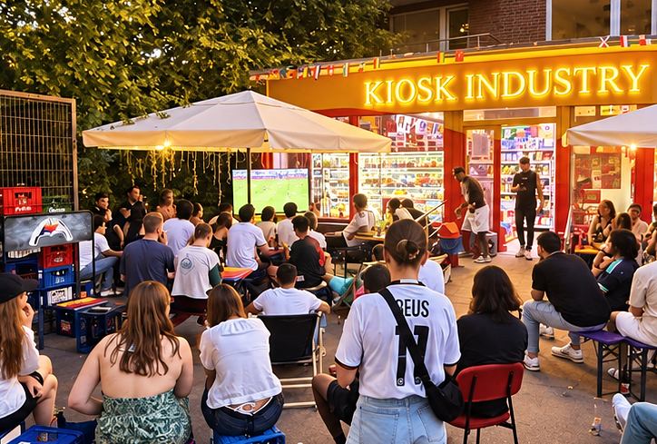 Publikum vor der Leinwand am Kiosk.