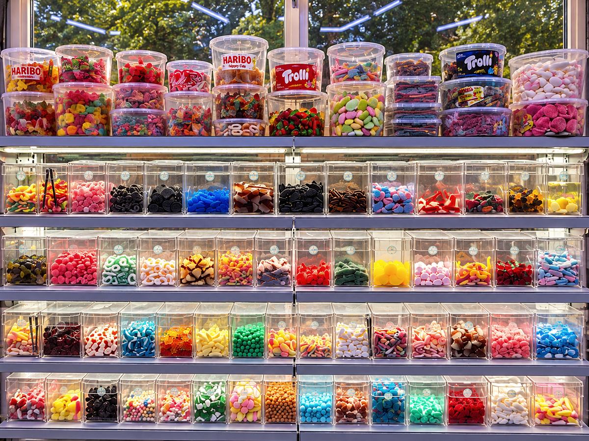 Süßigkeitenwand mit Haribo- und Trolli-Dosen und vielen Schütten zum Selbstabfüllen.